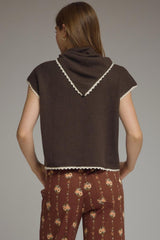 Brown Cap Sleeve with Attached Scarf at Neck Sweater