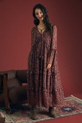 Burgundy Floral Organza Long Sleeve Dress