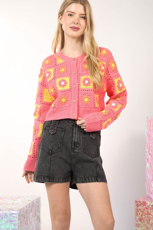 Pink Crocheted Cropped Cardigan