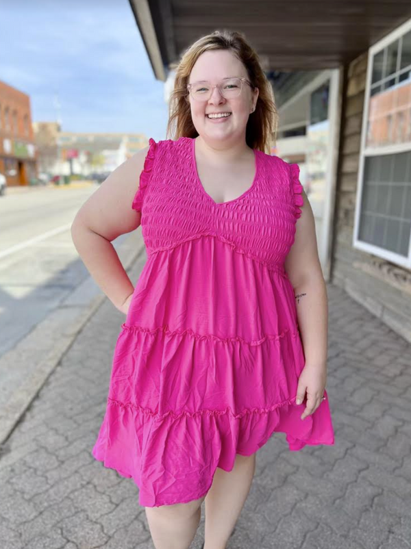 Curvy Pink Smocked Cap Sleeve Tiered Dress