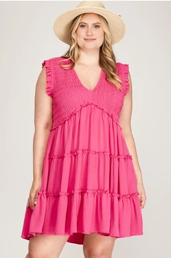 Curvy Pink Smocked Cap Sleeve Tiered Dress