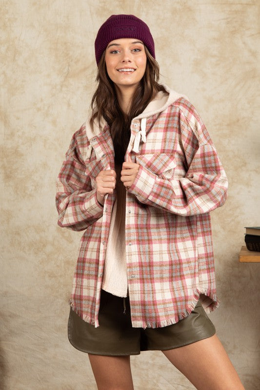 Curvy Pink Plaid Hooded Shacket