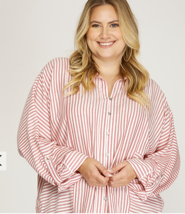 Curvy Pink Striped Button Up