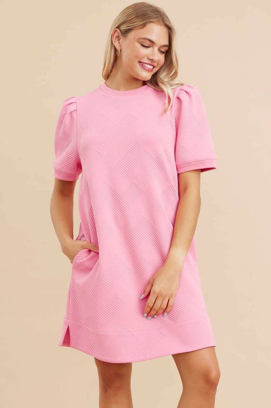 Pink Abstract Textured Puff Sleeve Dress