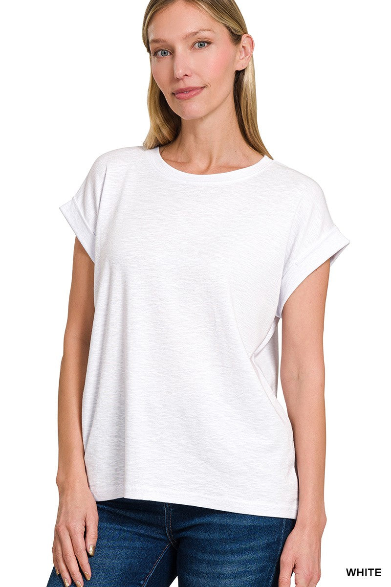 Relaxed Fit Round Neck Rolled Sleeve Top
