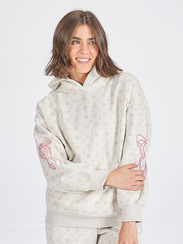 Ditzy Floral Hoodie Top With Embroidered Bows