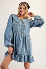 Denim Cape Collar Pleated Ruffle Dress