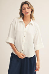 Off White Pleat Back Detail Button Front Top