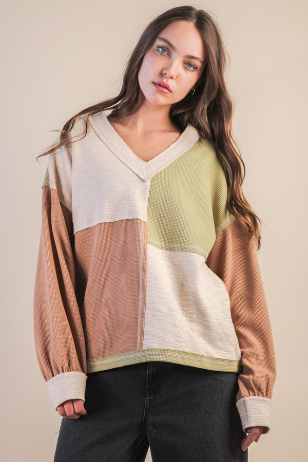 Colorblock Waffle Knit V-Neck Shirt