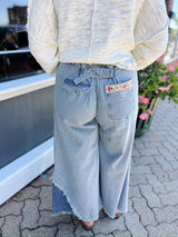 Wide Leg Striped Denim Mix With Floral Trim Pants