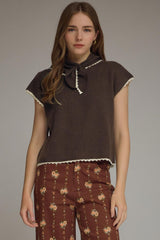 Brown Cap Sleeve with Attached Scarf at Neck Sweater