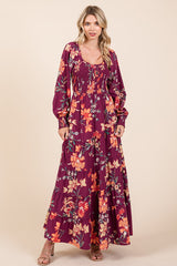 Plum Floral Smocked Tiered Maxi Dress