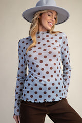 Blue with Brown Polka Dots Mesh Top