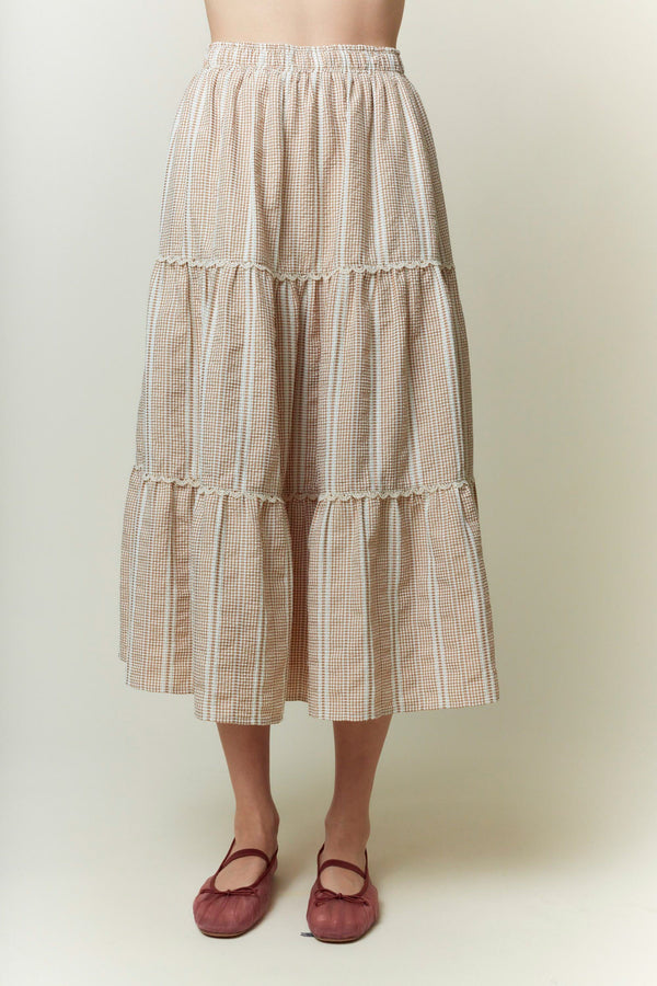 Mocha Gingham Tiered Midi Skirt