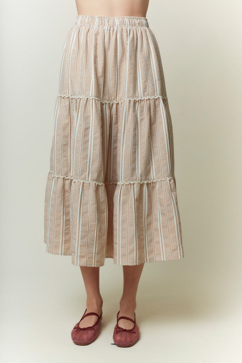 Mocha Gingham Tiered Midi Skirt