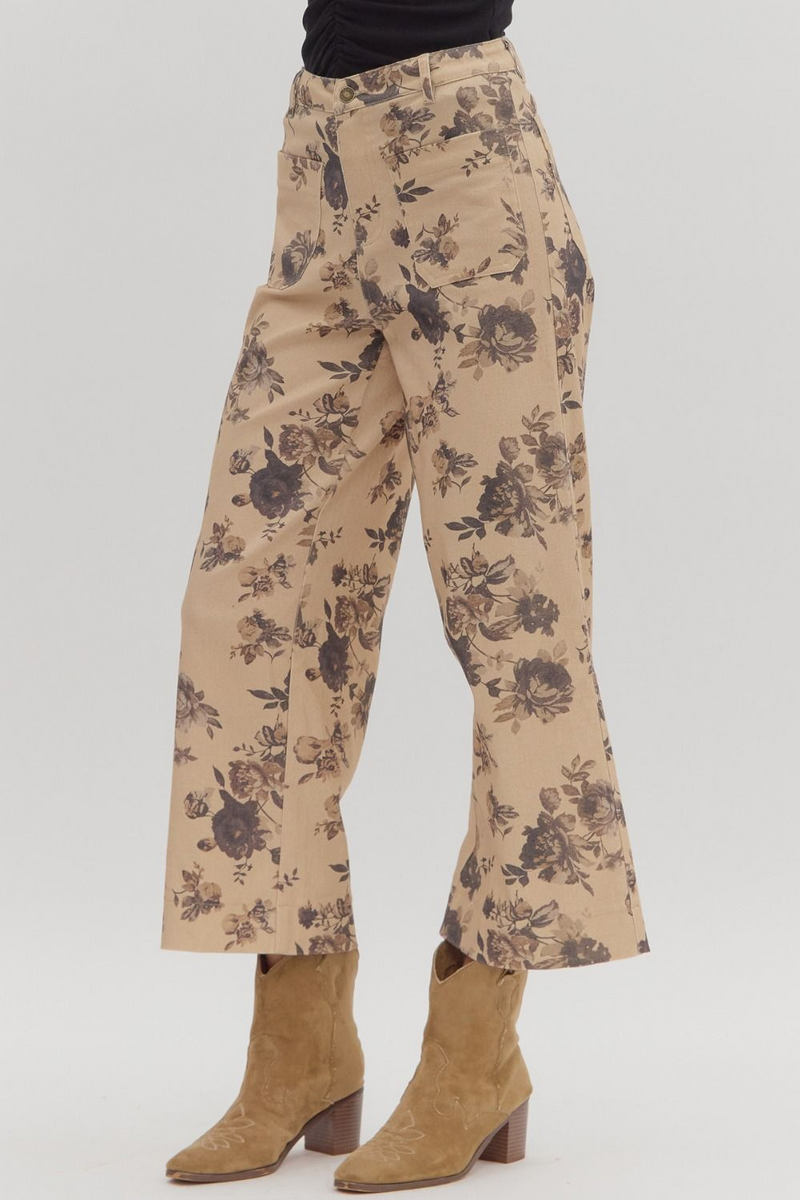 Taupe Dark Floral Pants With Pockets