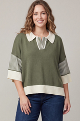 Curvy Olive Half Sleeve Contrast Stripe Sweater