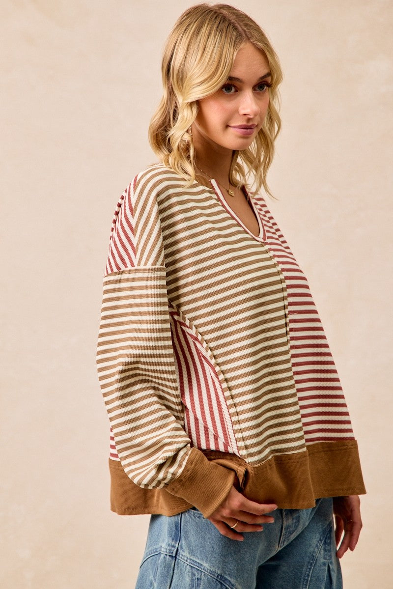 Mocha Stripe Thermal Colorblock Open Seam Top
