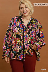 Curvy Black Floral Ruffle Detail Button Down Top
