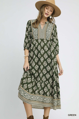 Green Abstract Printed V Neck Midi Dress