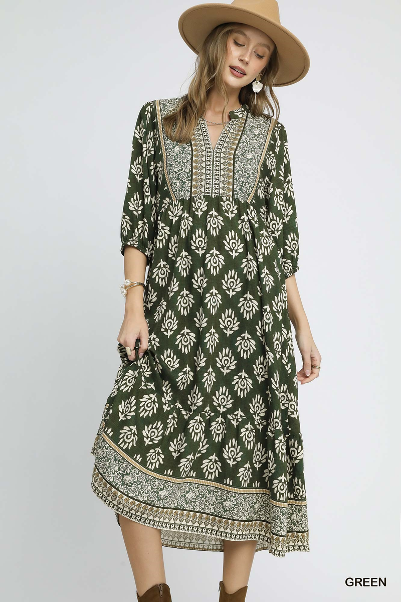 Green Abstract Printed V Neck Midi Dress