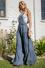 Denim Washed Lace Jumpsuit with Floral Straps