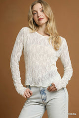 Cream Lace Textured Long Sleeve Top