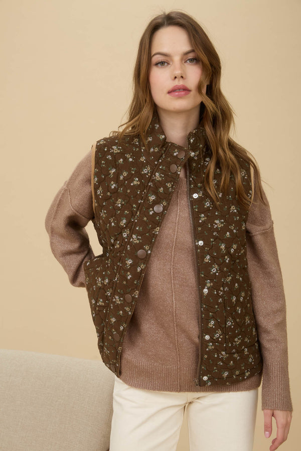 Brown Multi Floral Quilted Zip-Up Puffer Vest