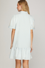 Short Sleeve Embroidered Blue Striped Dress