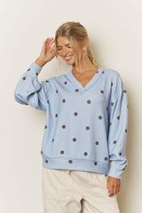 Blue Polka Dot Long Sleeve Textured Knit Top