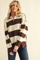 Brown and Cream Reversed Stitch Quarter Zip Sweater