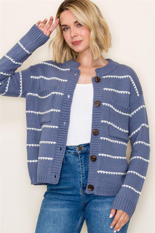 High Neck Double Pocket Texture Stripe Cardigan