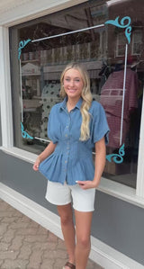 Denim Pleated Button Down Top