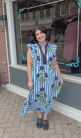 Blue Floral Striped Midi Dress