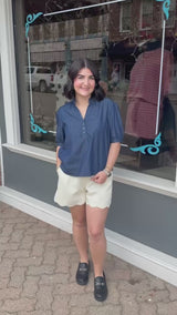 Dark Denim Ruffled Split V-Neck Top