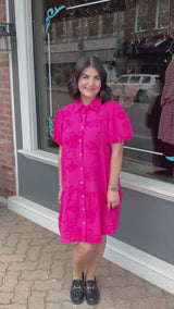 Hot Pink Short Puff Sleeve 3D Floral Dress