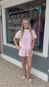 Pink And White Stripe Tee And Drawstring Short Set