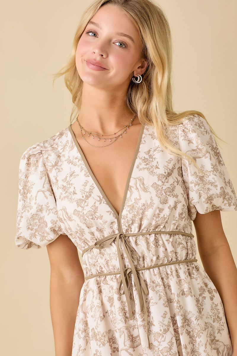 Taupe Horse Toile Ruffle Midi Dress