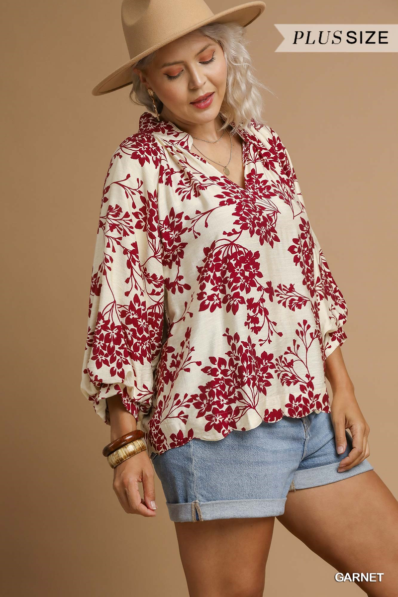 Curvy Garnet Puff Sleeve V Neck Top