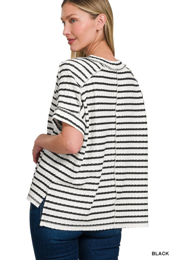 Black Striped Round Neck Side Slit Tee