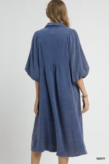 Navy Smocked Gauze Midi Dress