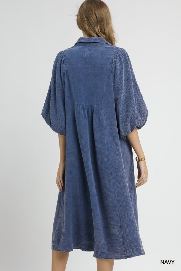 Navy Smocked Gauze Midi Dress