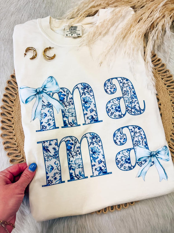 Cream & Blue Floral Print Mama Tee