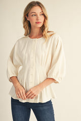 Off White Pintuck Waistline Detail Button Down Top