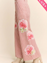 Curvy Pink Wide Leg Floral Applique Pant