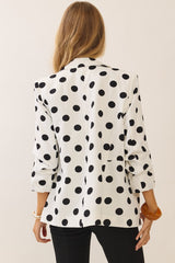 Polka Dot Blazer with 3/4 Length Ruched Sleeves