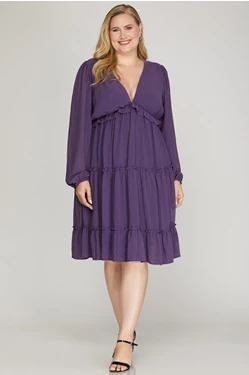 Purple Balloon Sleeve Tiered Dress