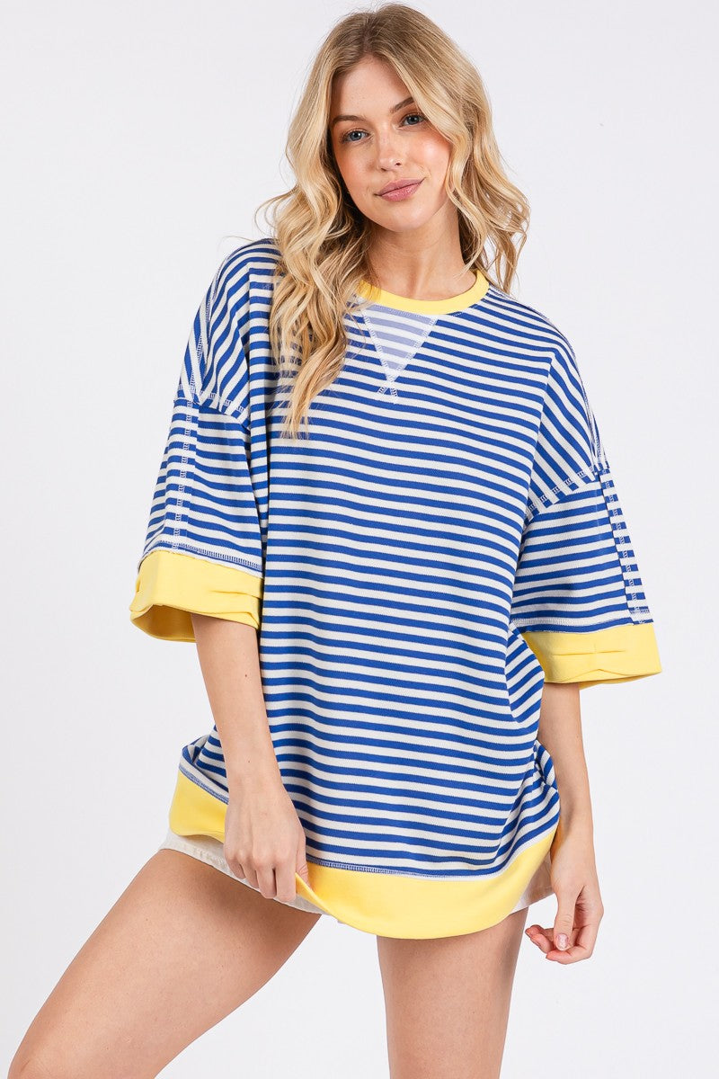 Royal Blue Striped Top with Yellow Trim