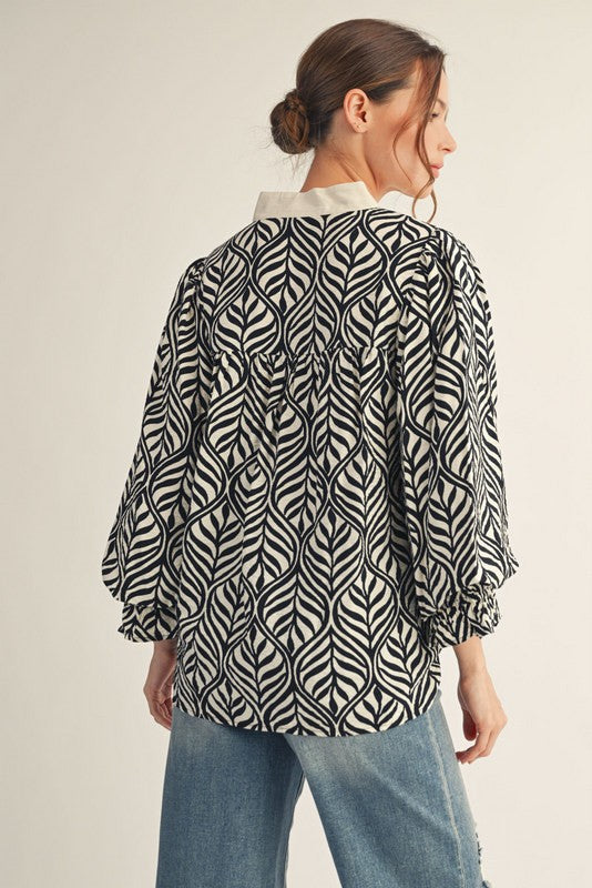 Black and White Patterned Collared Shirt