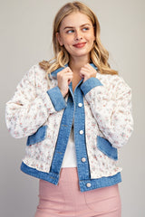 Denim and Floral Quilted Button Down Jacket